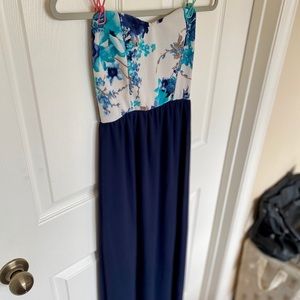 teal/navy floral strapless chiffon dress